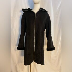 NILS 3/4 length hooded black coat w/black faux fur trim Size Medium